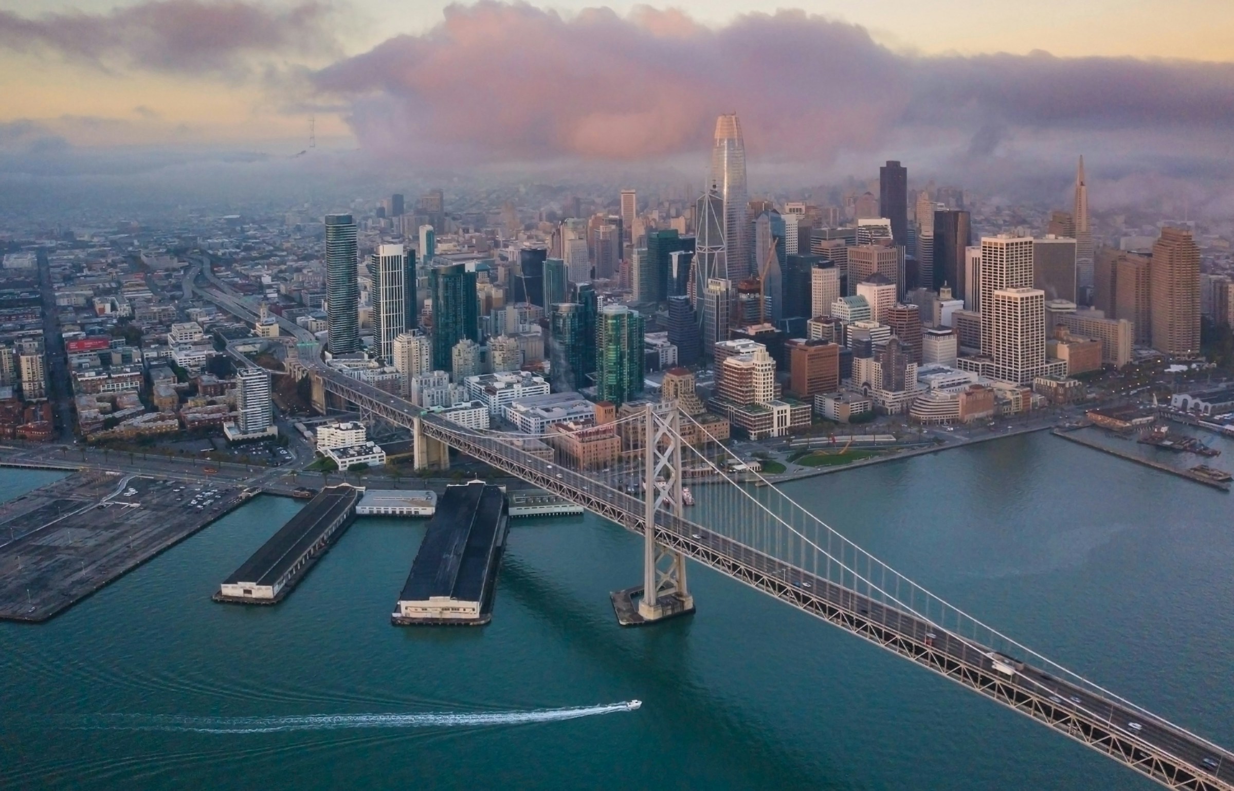 Aerial view of downtown San Francisco and the Bay Bridge at sunrise